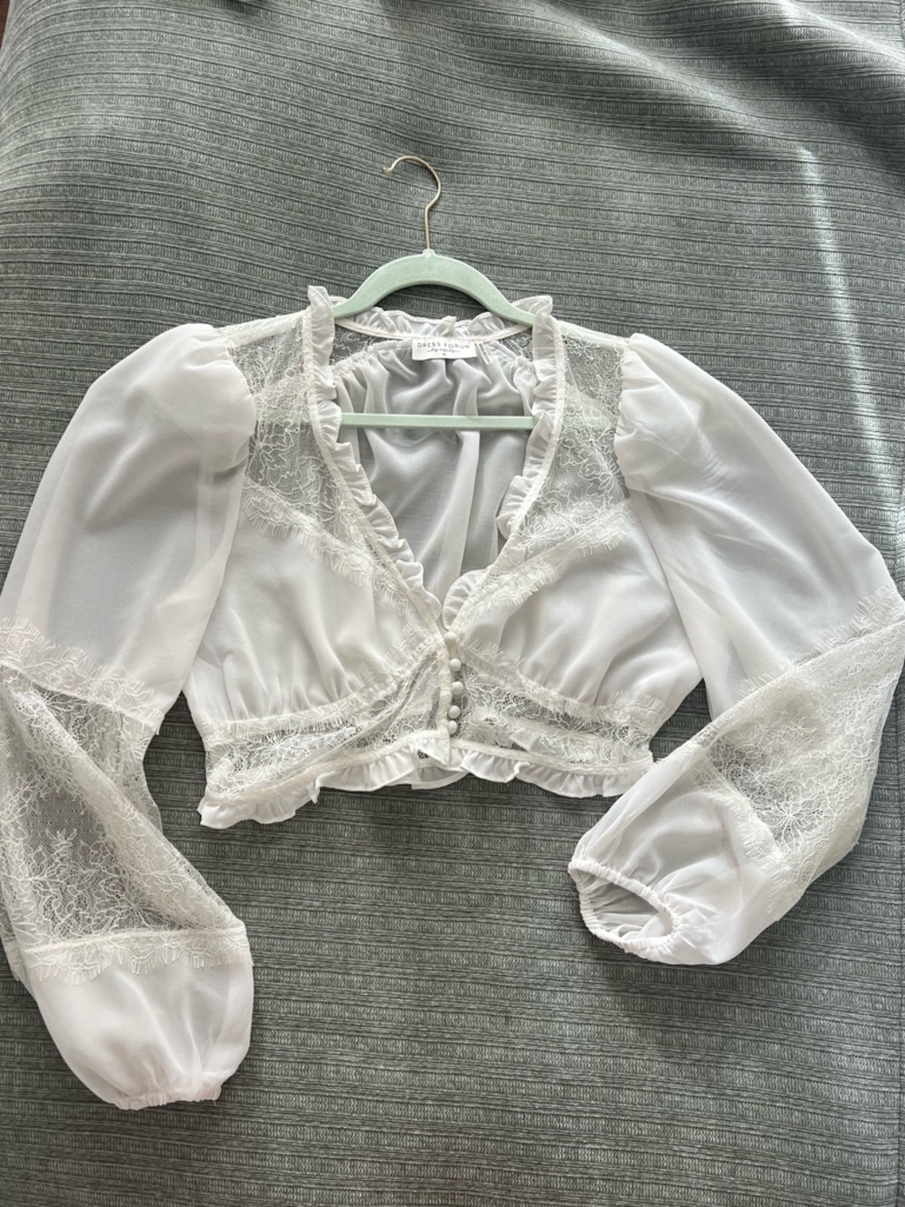 Sheer Lace-Trim White Puff Sleeve Crop Top